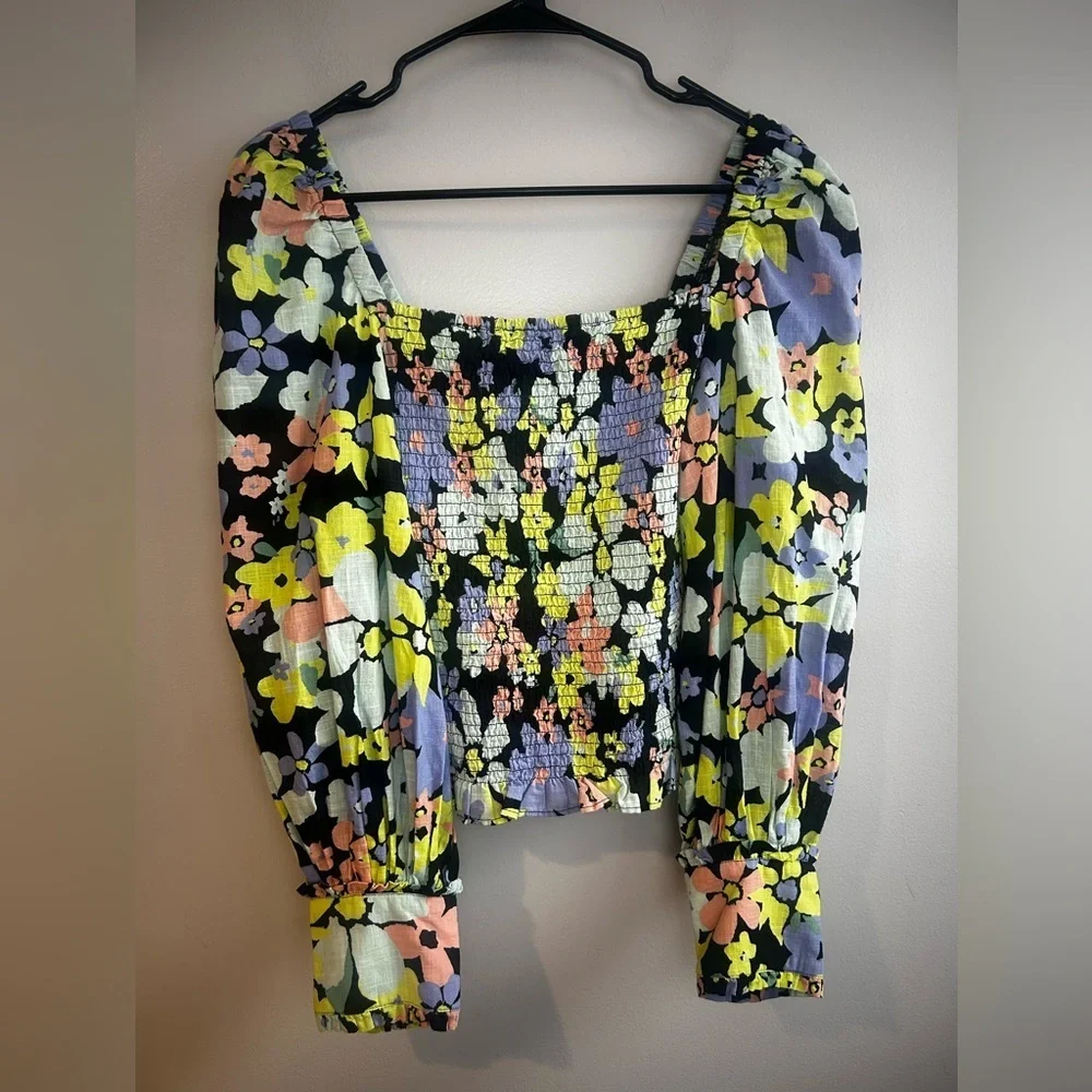 Free People Ariana Floral Retro Combo Balloon Sleeve Smocked Blouse Size Large